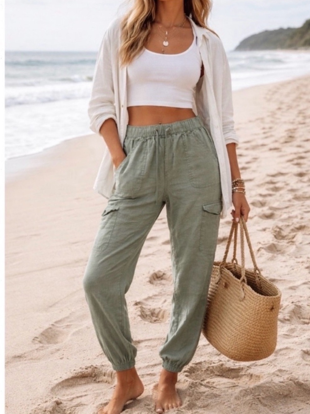 Nicole Miller 100 Percent Linen Olive Green Cargo Jogger Pants